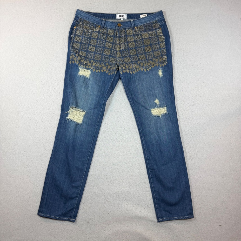Paige Jeans Women 28 Straight Leg Blue Olive Graphic Distressed Denim EUC